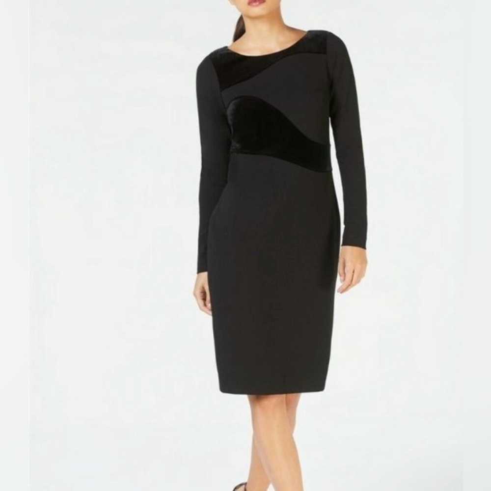 Calvin Klein Black Long Sleeve Sheath Dress Velvet Detail Size 8